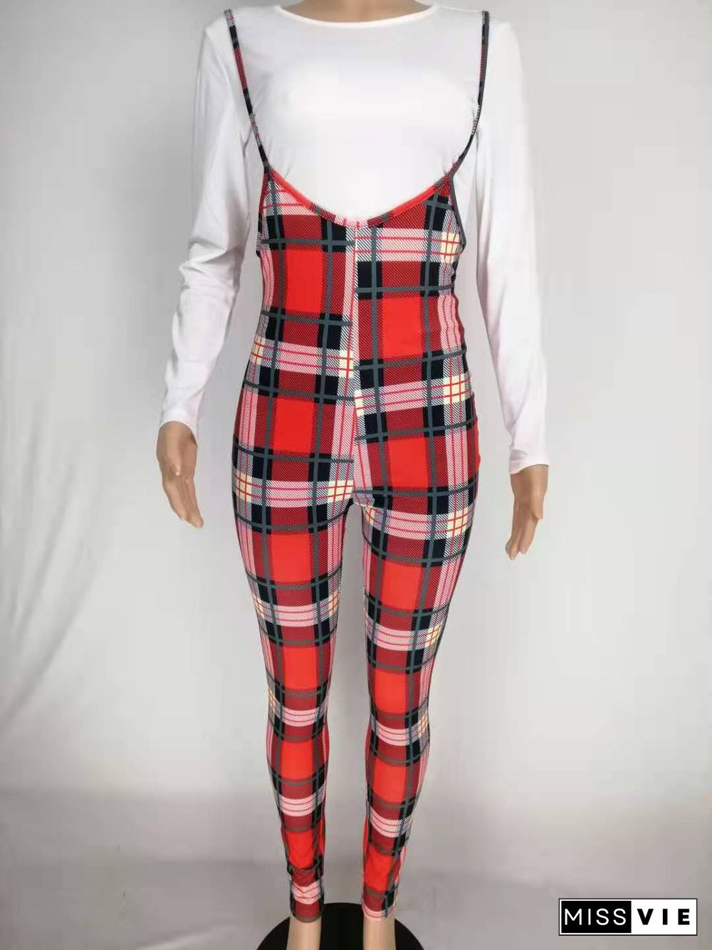 White T Shirt+Sling Plaid Jumpsuit Bodycon Matching Sets