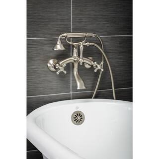 PELHAM  WHITE Vintage Style 3-Handle Wall Mount Claw Foot Tub Faucet with Cross Handles and Handshower in Brushed Nickel PW82511-C-BN