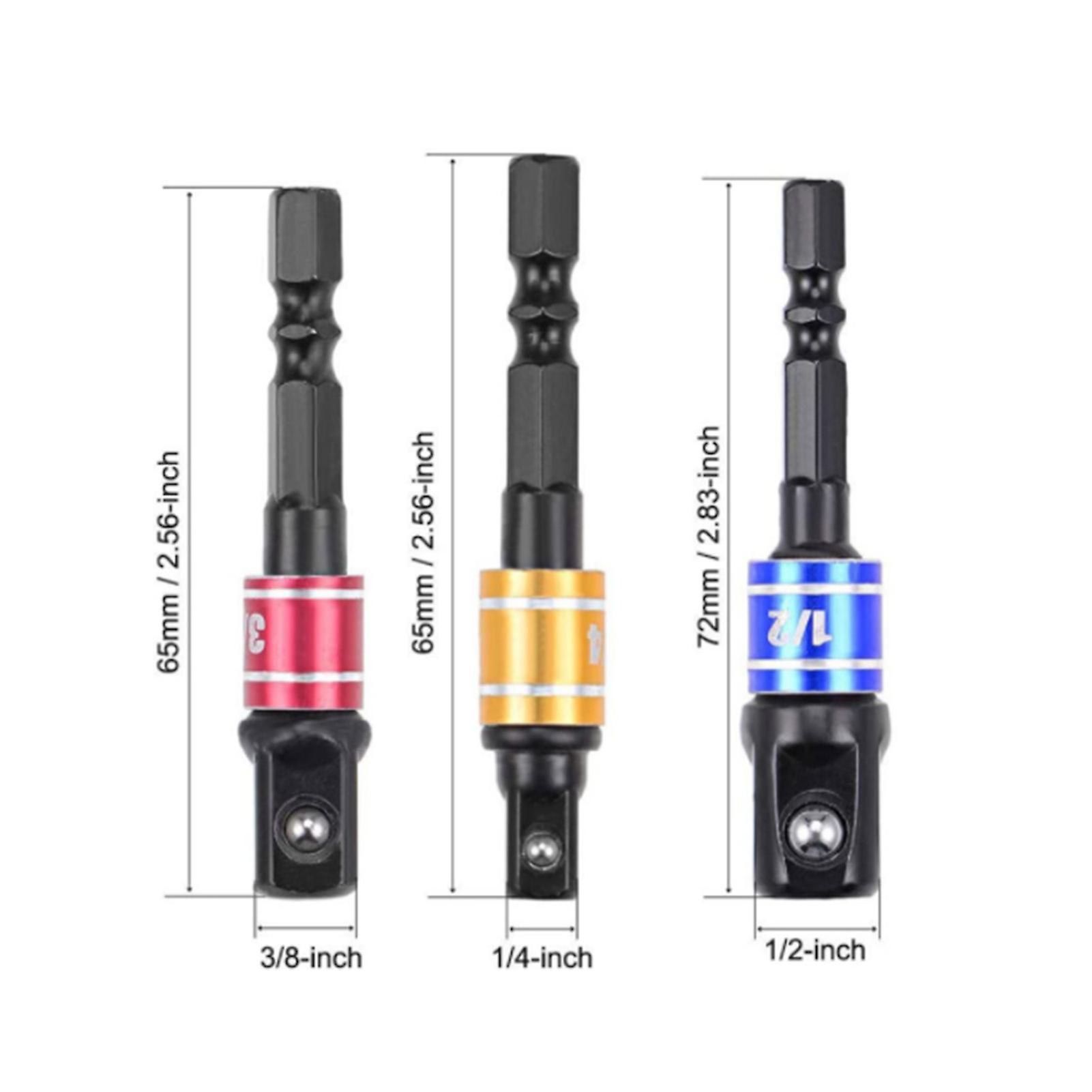 Black 3pcs Impact Grade Socket Adapter / Extension Set Turns Power Drill Into High Speed Nut Driver， 1/4-inch Hex Shank To Drive For Adapters To Use W