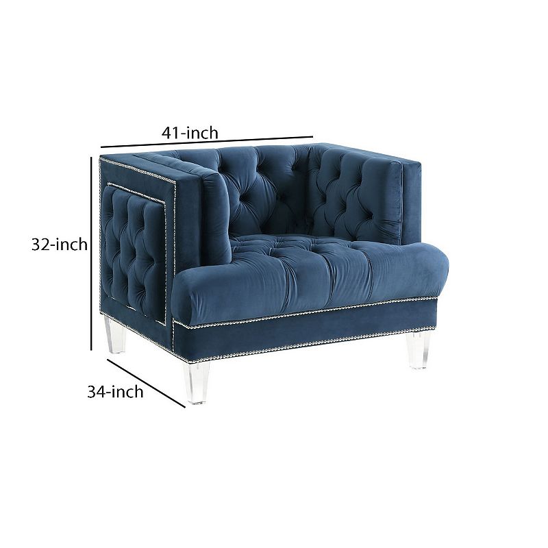 Velvet Upholstered Chair with Tufted Details and Acrylic Legs， Blue