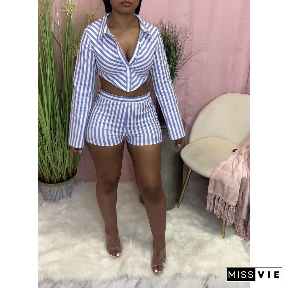 Fashion Women Clothing Striped Long Sleeve Turn Down Collar Shirt Crop Top Shorts Summer 2 Piece Matching Set