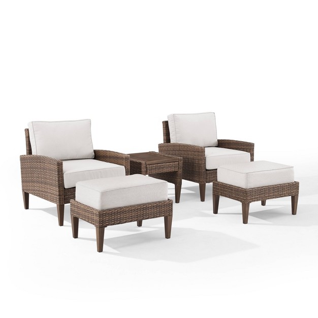 Capella 5pc Outdoor Wicker Conversation Set With Arm Chairs Ottomans amp Side Table Cream brown Crosley