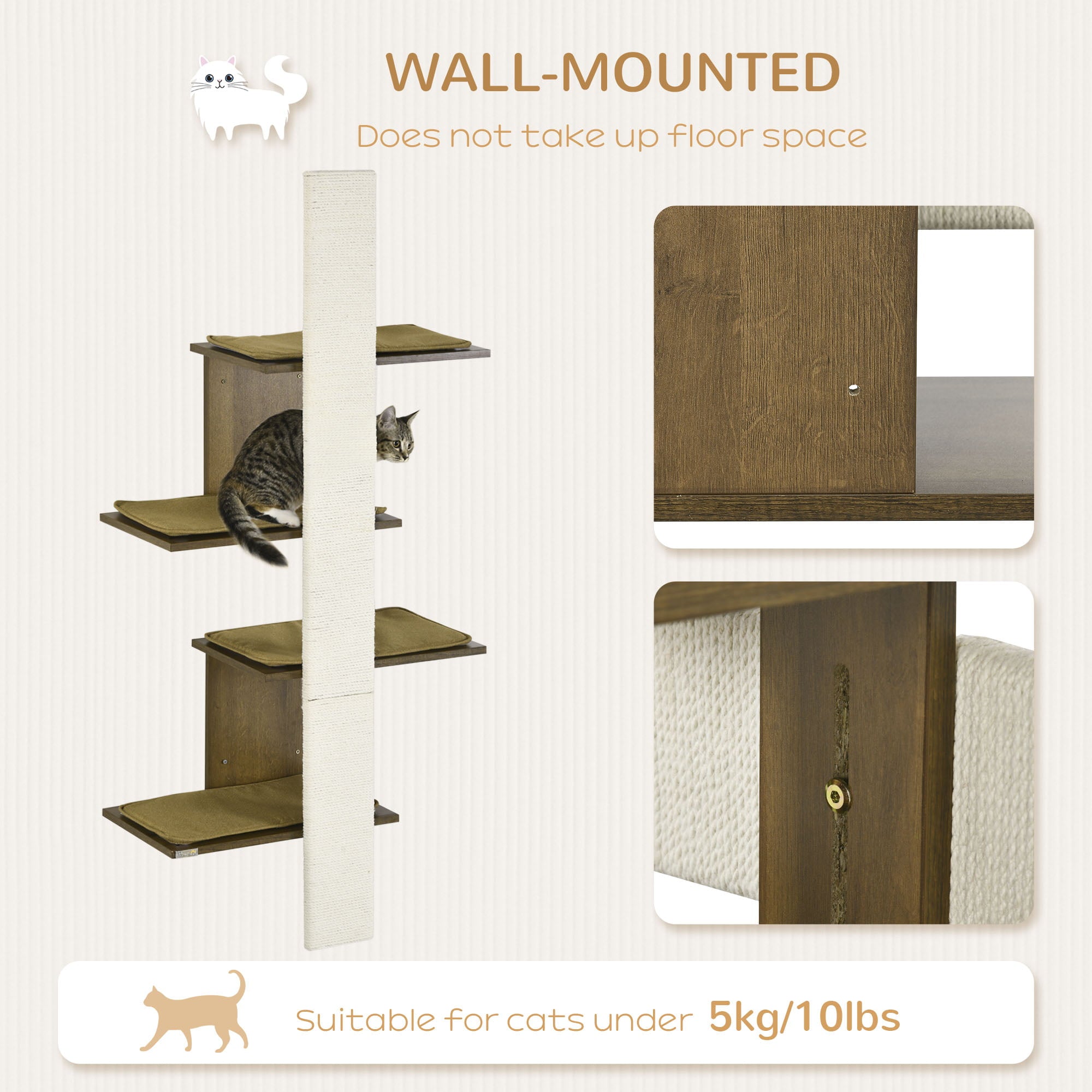 PawHut Wall-Mounted Cat Tree， 4-Layer Cat Wall Shelves Furniture with Scratching Board， Kitten Activity Center with Cushions， Natural