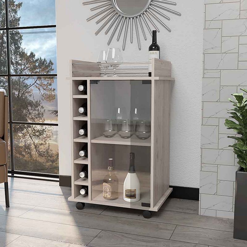 Vegas Bar Cart With 2-Tier Cabinet With Glass Door And 6 Cubbies For Liquor