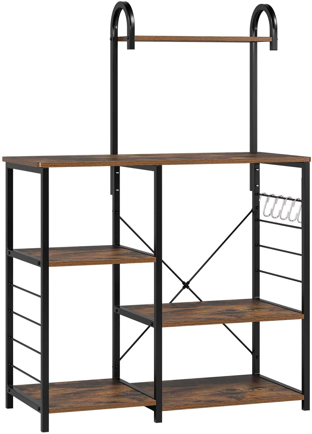 Homfa Bakers Rack， 5 Tier Wood Kitchen Stand with Storage Shelf， Iron Frame Microwave Oven Cart， Rustic Brown Finish