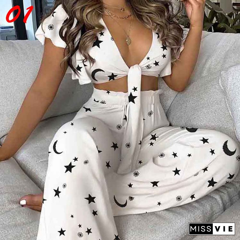 Women Summer Print Crop Top Sleeveless Wide Leg Pants Suit Two Piece Set High Waist Outfit Casual Beach