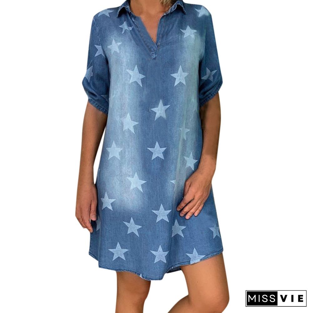 Star Print Denim Mini Dress for Women Summer Turn-down Collar Shirt Dresses Fashion Short Sleeve Jeans Dress Pullover D30