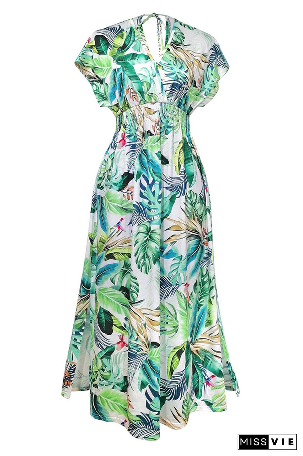 Printed V Neck Smocked Waist Maxi Dress