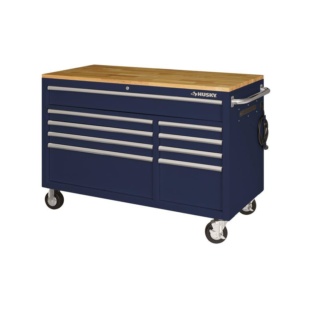 Husky 52 in. W x 25 in. D Standard Duty 9-Drawer Mobile Workbench Cabinet with Solid Wood Top in Gloss Blue HOTC5209B31M