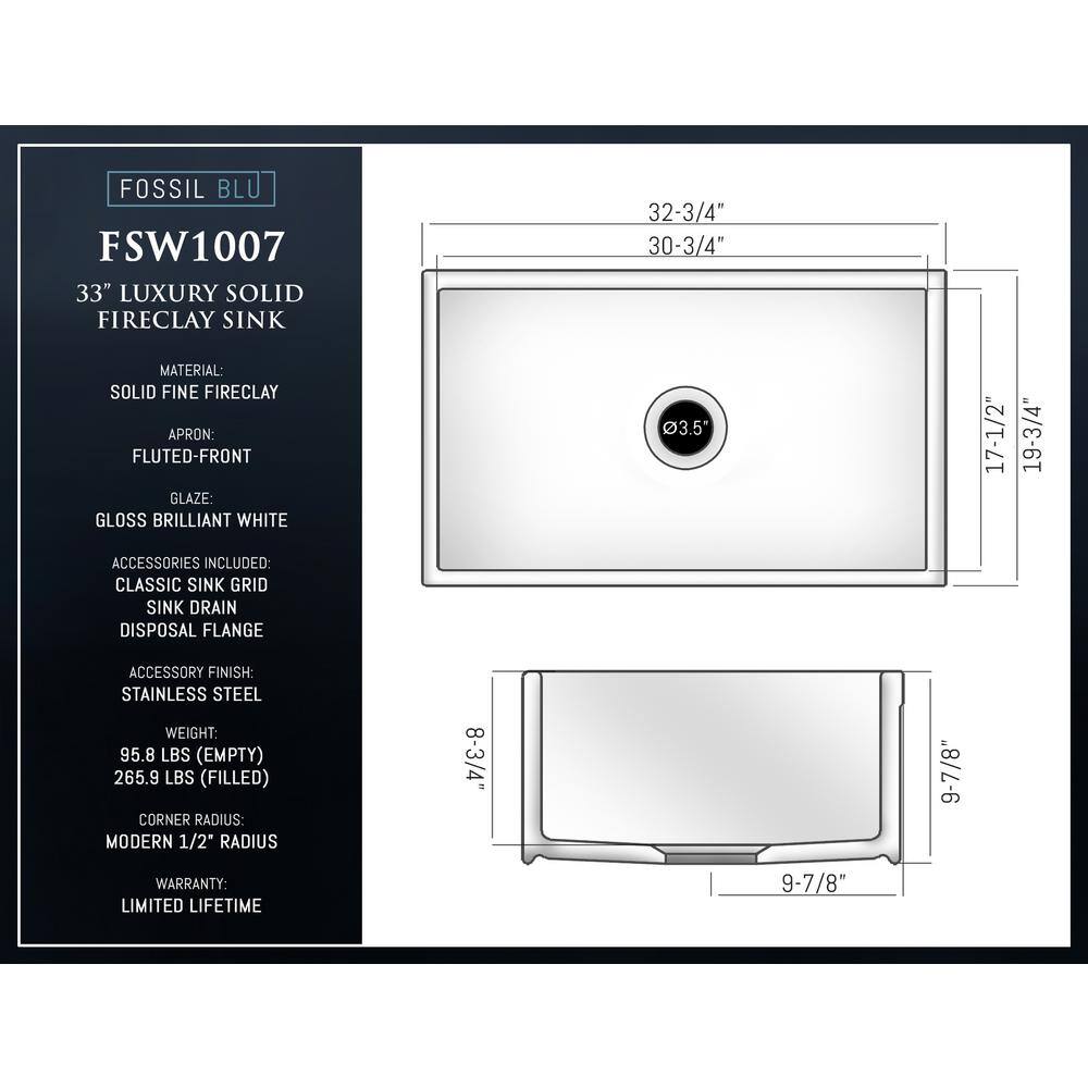 Fossil Blu Luxury White Solid Fireclay 33 in. Single Bowl Farmhouse Apron Kitchen Sink with Stainless Steel Accs and Fluted Front WHS1007SS