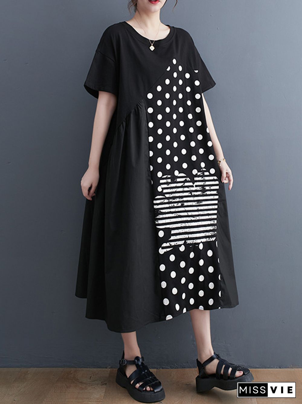 Irregularity Oversize Printed Striped Polka-Dot Split-Joint Round-Neck Midi Dresses