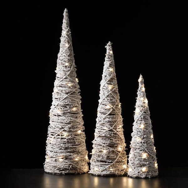 39H，31H and 24H Sullivans Christmas Lighted Frosted Cone Trees Set of 3，White