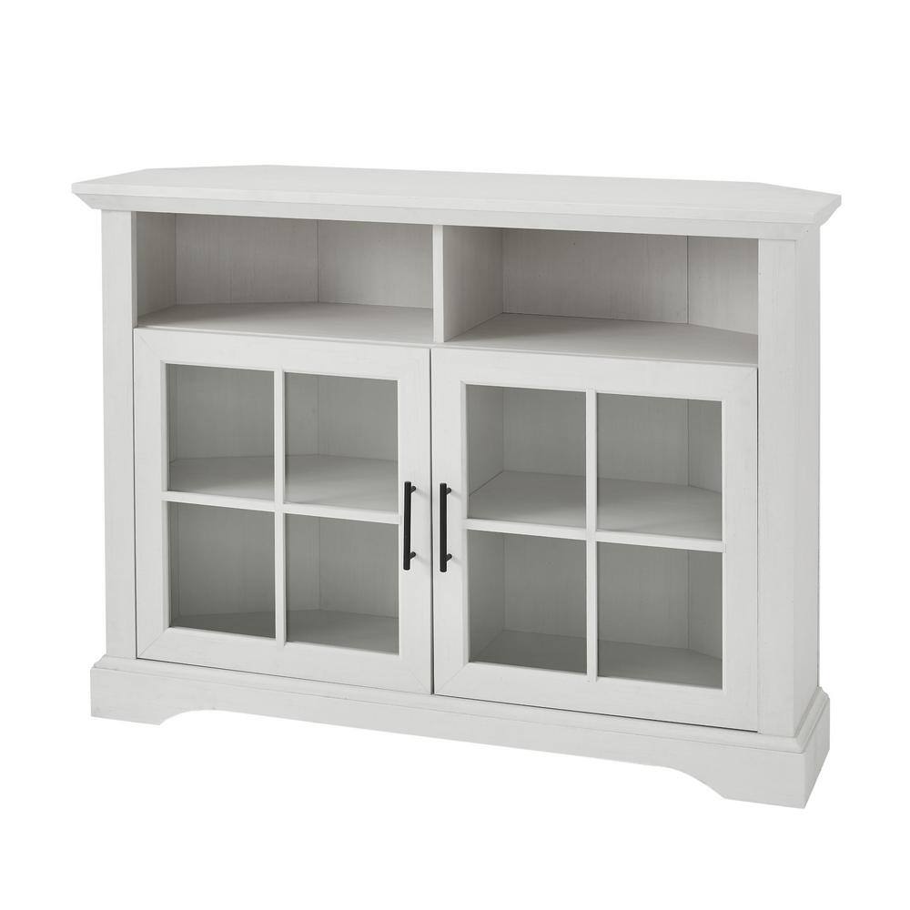 Welwick Designs 44 in. Brushed White Wood and Glass Traditional Window Pane 2-Door Tall Corner TV Stand Fits TVs up to 50 in. HD9061