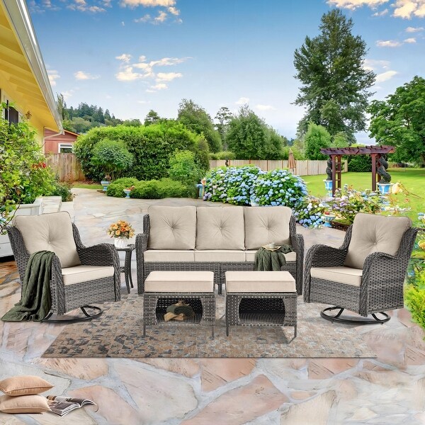 Wicker Patio Furniture Conversation Set with High Back Swivel Chairs and Storage Ottomans，Cushions Included🎃