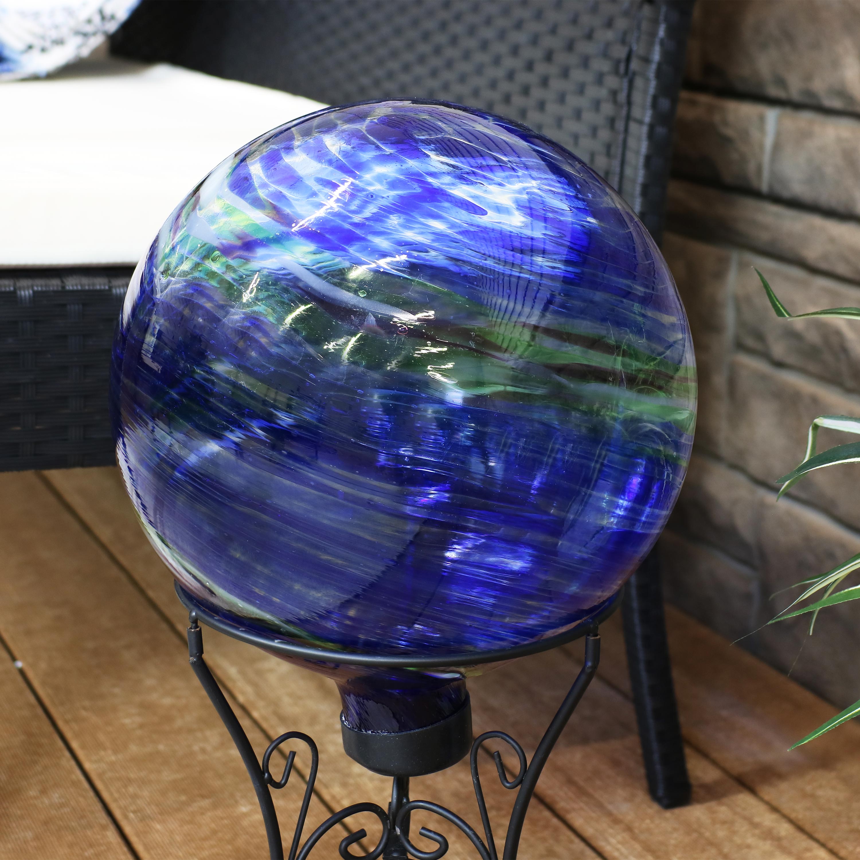 Sunnydaze Northern Lights Glass Gazing Globe with Stemmed Bottom and Rubber Cap - 10" Diameter - Blue and Green Swirl - Set of 2