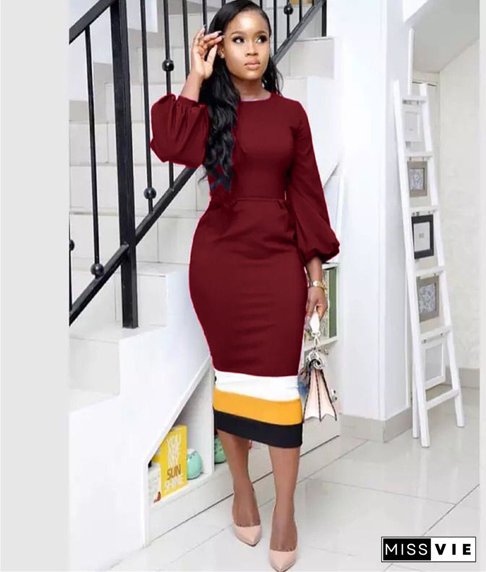 Color Matching Lantern Sleeve Bodycon Pencil Dresses