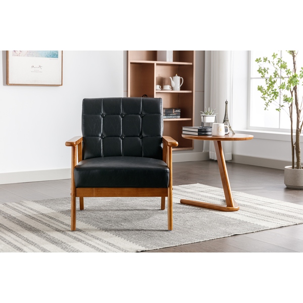 Mid-Century PU Leather Button Lounge Chairs， Modern Solid Wood Armrest Accent Chair， for Living Room Bedroom Studio