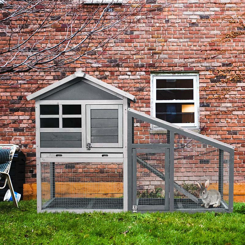 Rabbit Hutch Bunny Cage with Ventilation Door & Removable Tray, Indoor Outdoor Pet Cage House Wooden Chicken Coop