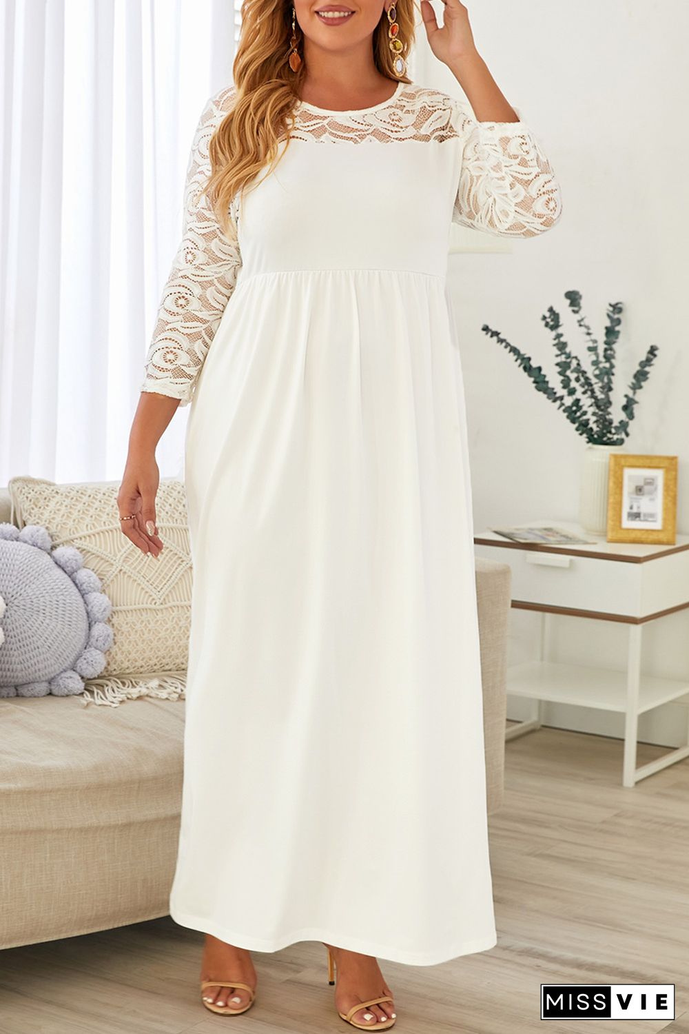 White Plus Size 3/4 Lace Sleeve Yoke Maxi Dress