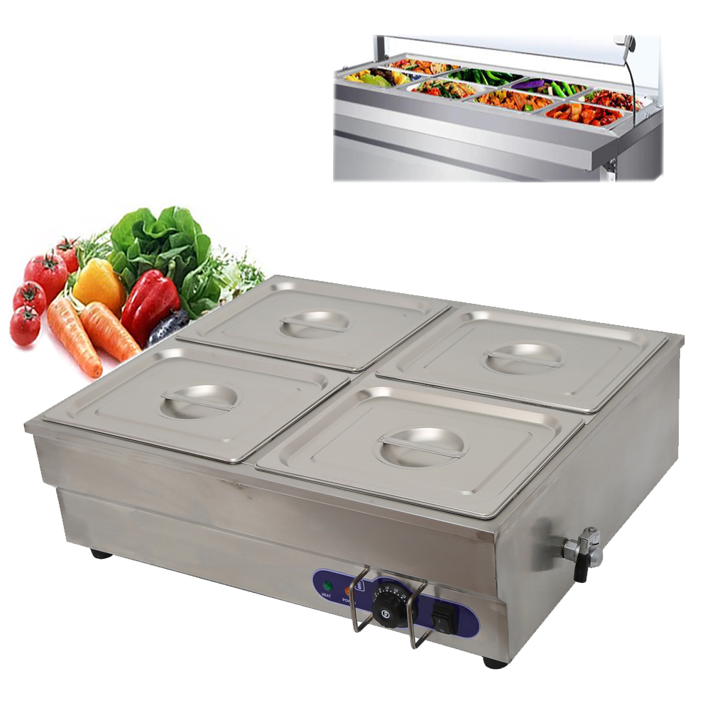 TECHTONGDA Commercial Food Warmer Squarish Stainless Steel Bain Marie Buffet Countertop 4-Well Electric Steam Heater