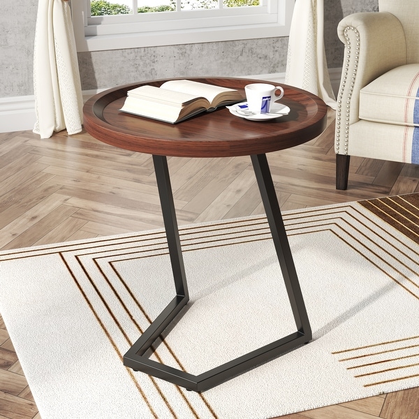 Round End Side Table With L-shapped Metal Legs， Small Bedside Tables，Snack Coffee Table for Living Room