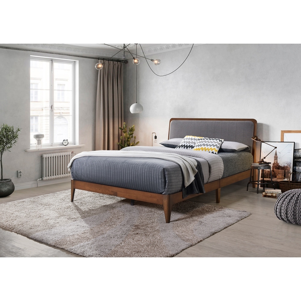 Raven Grey Upholstered Walnut Wood Queen Platform Bed Frame