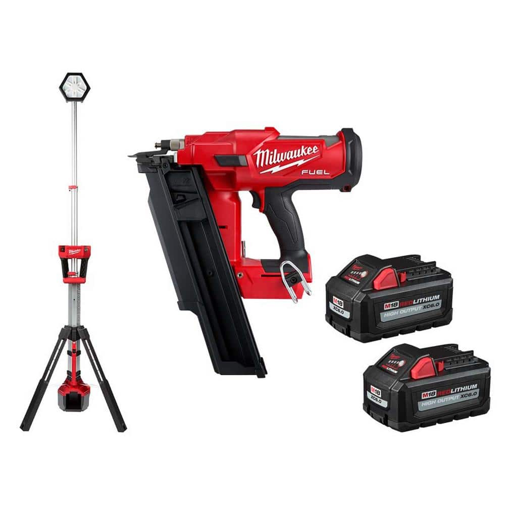 Milwaukee M18 18-Volt Lithium-Ion Cordless Tower Light w/3-1/2 in. 21-Degree Framing Nailer, Two 6Ah HO Batteries 2131-20-2744-20-48-11-1862