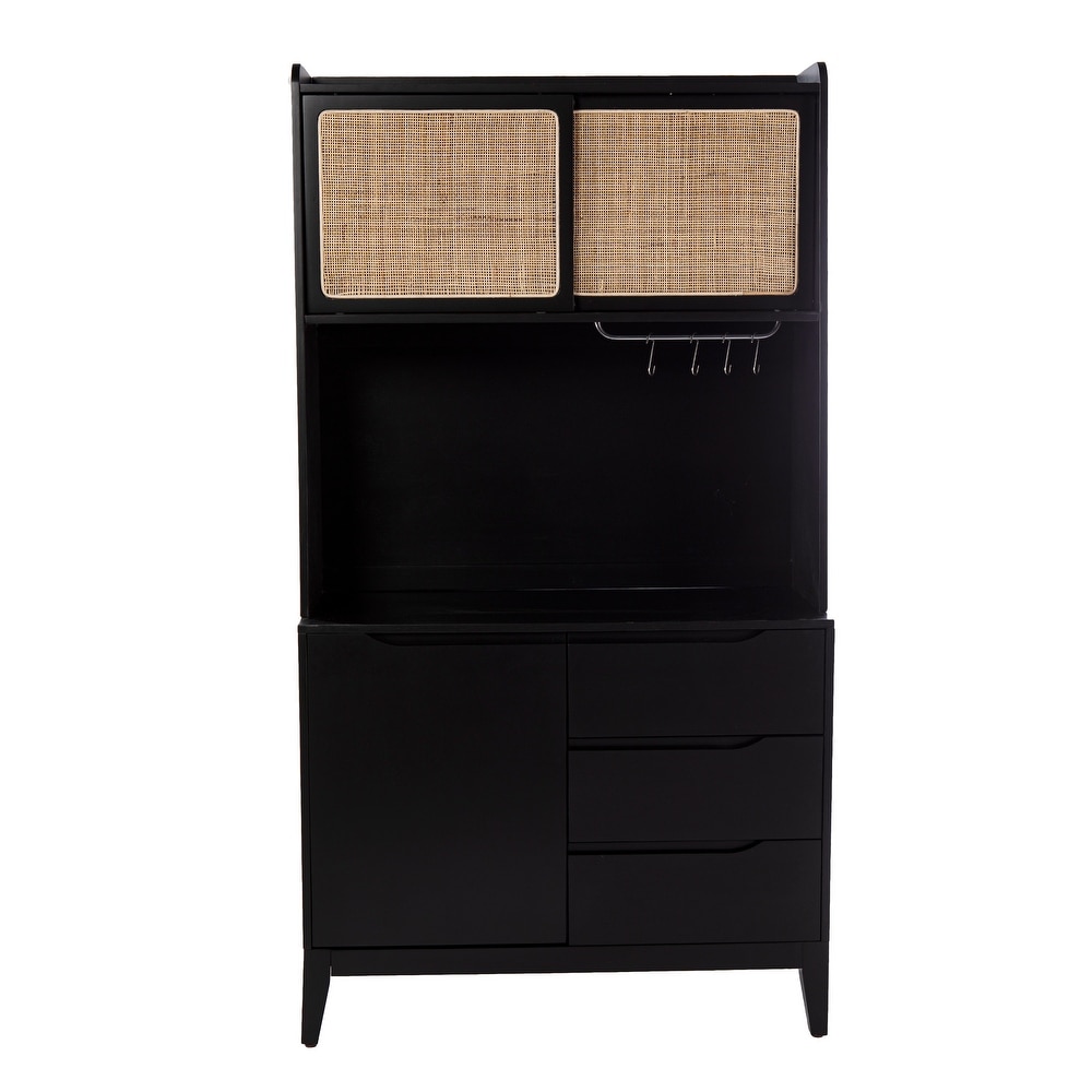 SEI Furniture Transitional Black Wood Rattan Storage Buffet Cabinet