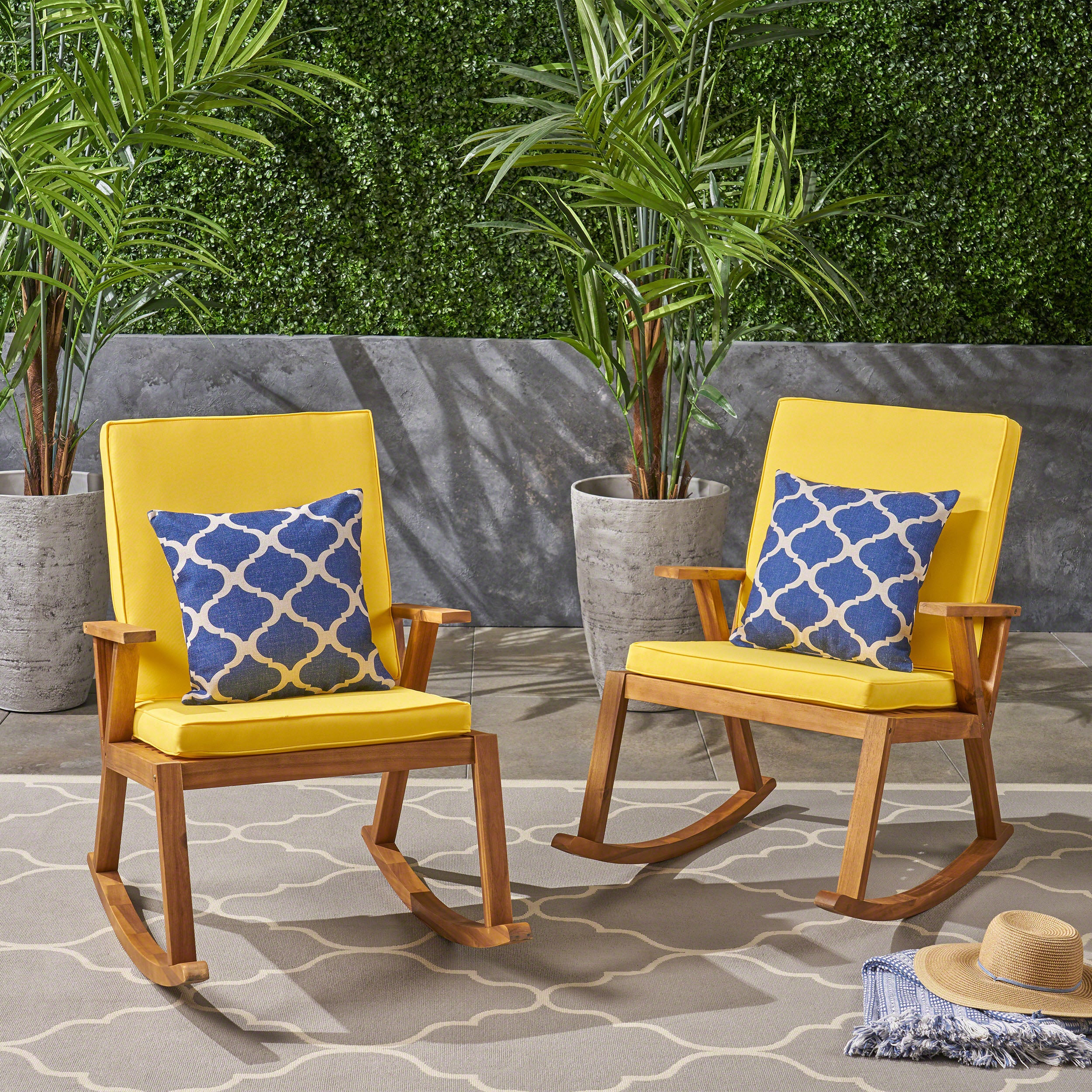 Andy Outdoor Acacia Wood Rocking Chair with Water-Resistant Cushions (Set of 2)