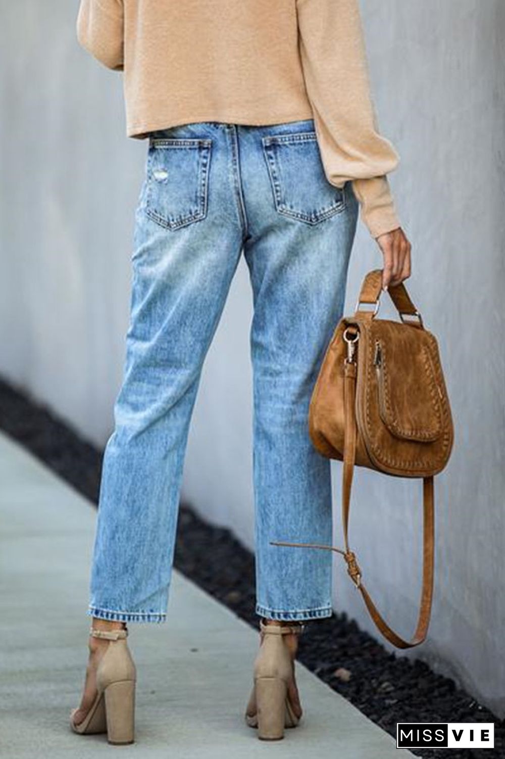 Distressed Ripped Denim Straight Pants