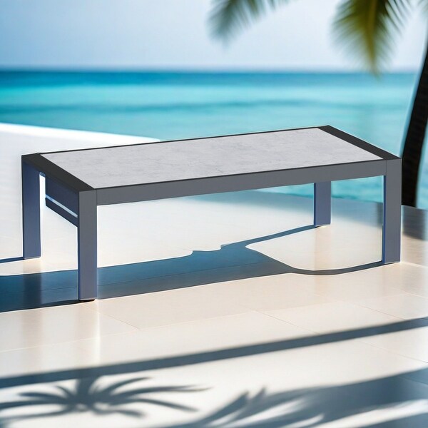 Aluminum Outdoor Coffee Table with LED Light and Marble Pattern Aluminum Table Top 48' L X 23.6'' W