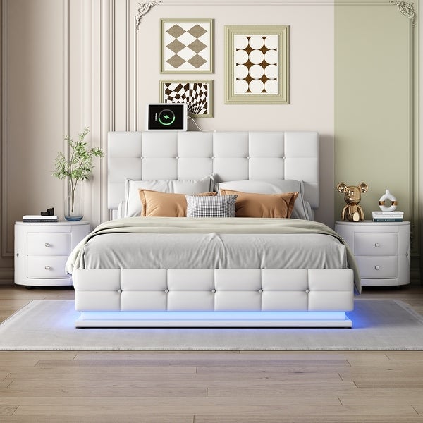 3-Pieces Bedroom Sets， Queen Size Upholstered Storage Bed with LED Lights and USB Charging Station， Two Nightstands - - 38053324