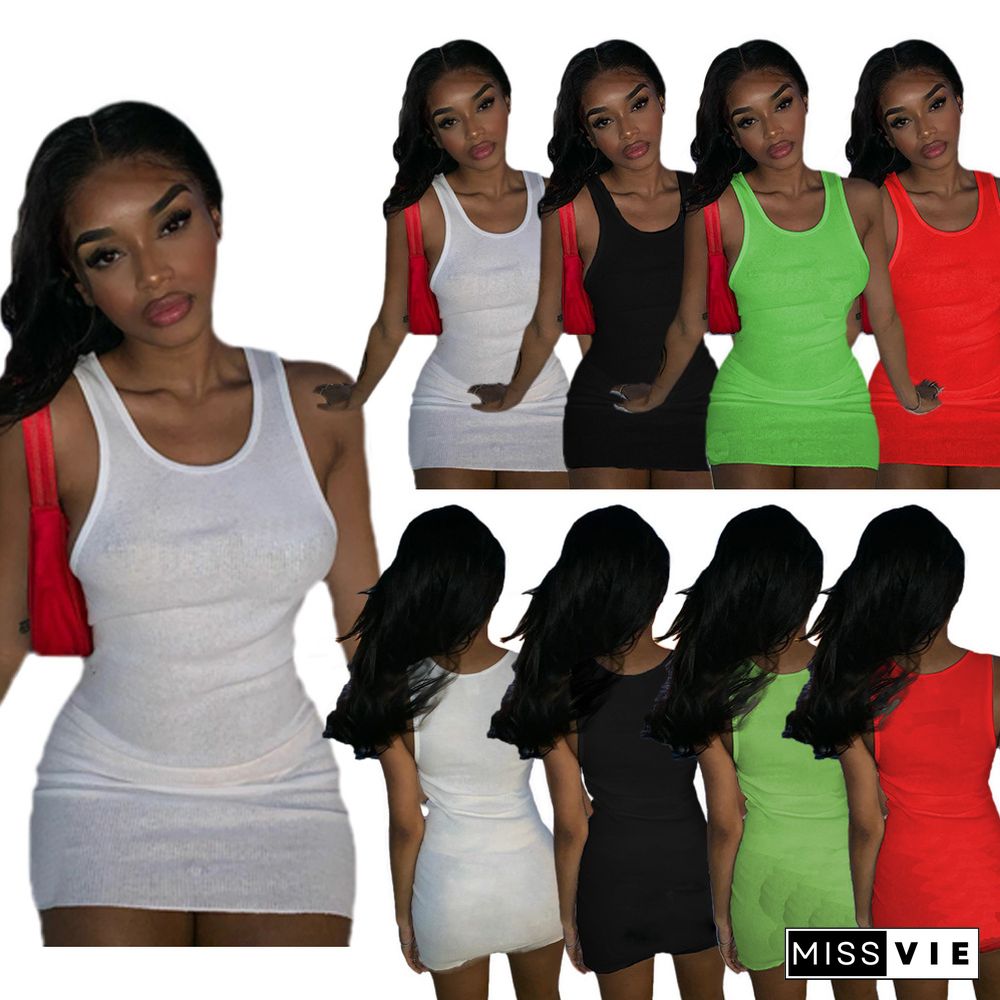 New Arrivals Women's Summer Sleeveless Round Neck Solid Colors Elastic Skinny Party Vest Mini Dress