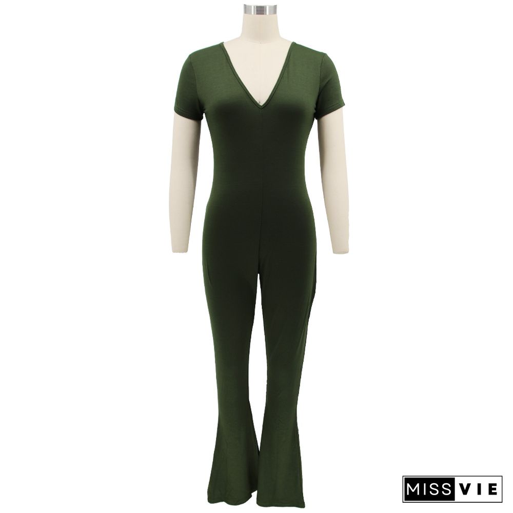 Short Sleeve V-neck Solid Flare Jumpsuit