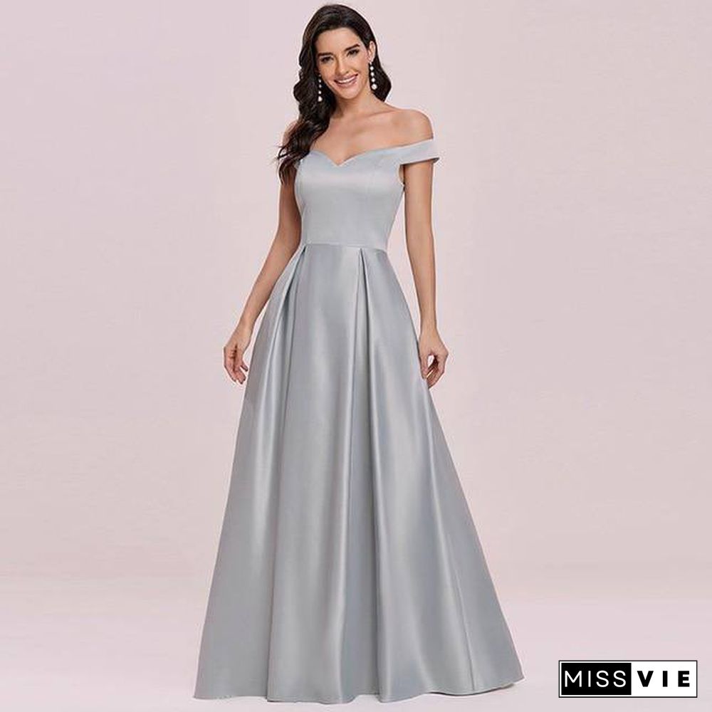 Fashion Satin Long Women Dresses A-Line V-Neck Off The Shoulder Elegant Summer Dresses For Party Ladies Maxi Dresses Robe Femme