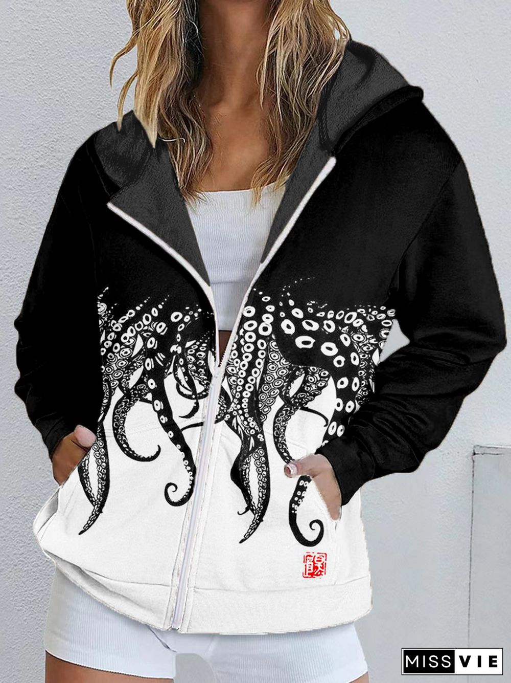 Tentacles Lino Art Contrast Color Zip Up Cozy Hoodie