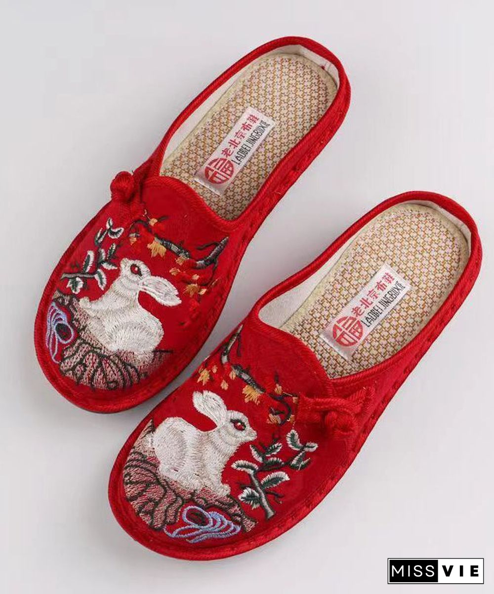 Pink Embroidery Retro Splicing Slide Sandals