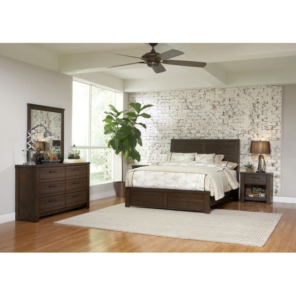 Roundhill Furniture Sedona Transitional Wood Bedroom Set， Panel Bed with Dresser， Mirror， Two Nightstands in Espresso - - 37524242