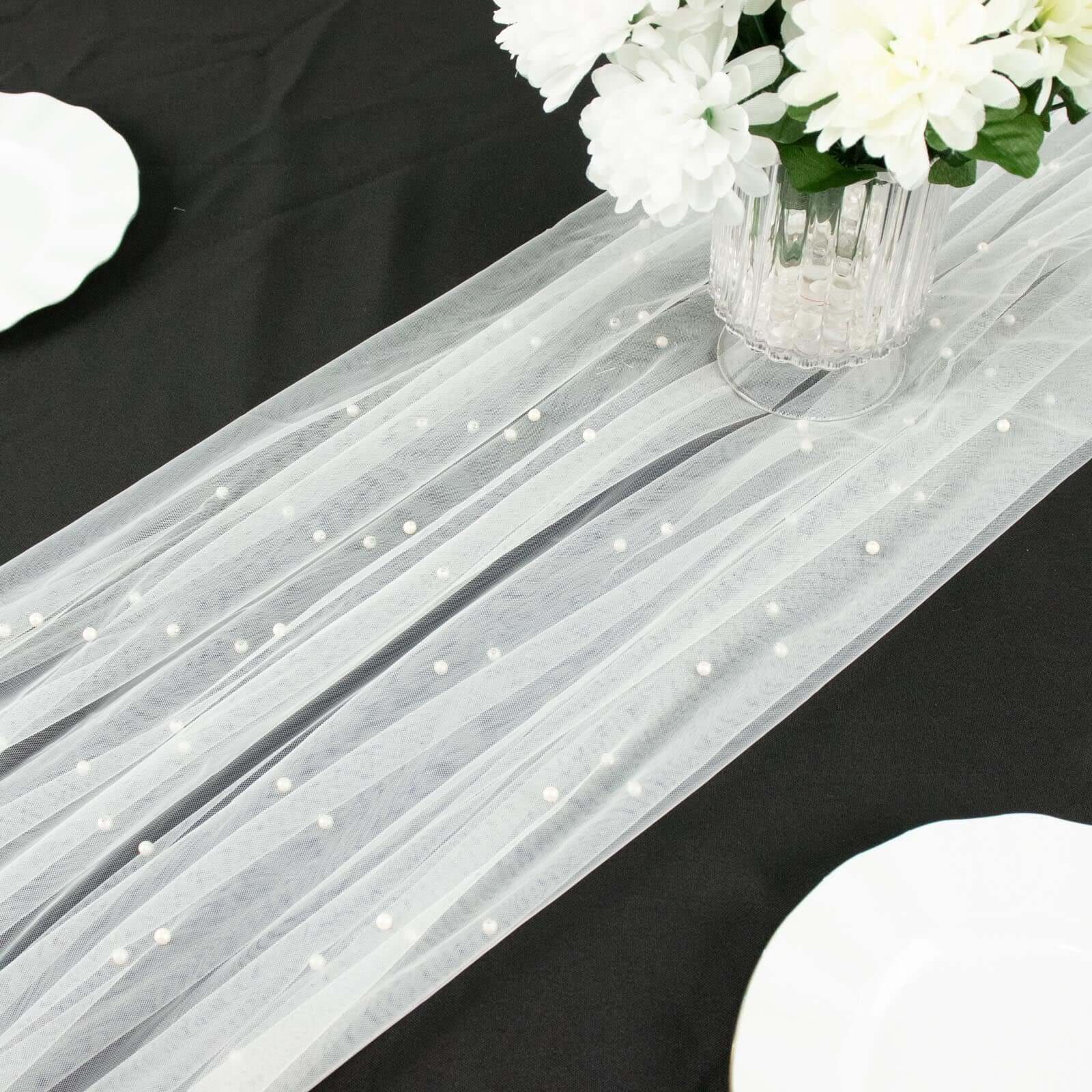 White Pearl Embellished Sheer Tulle Table Runner, Elegant Formal Table Linen 48