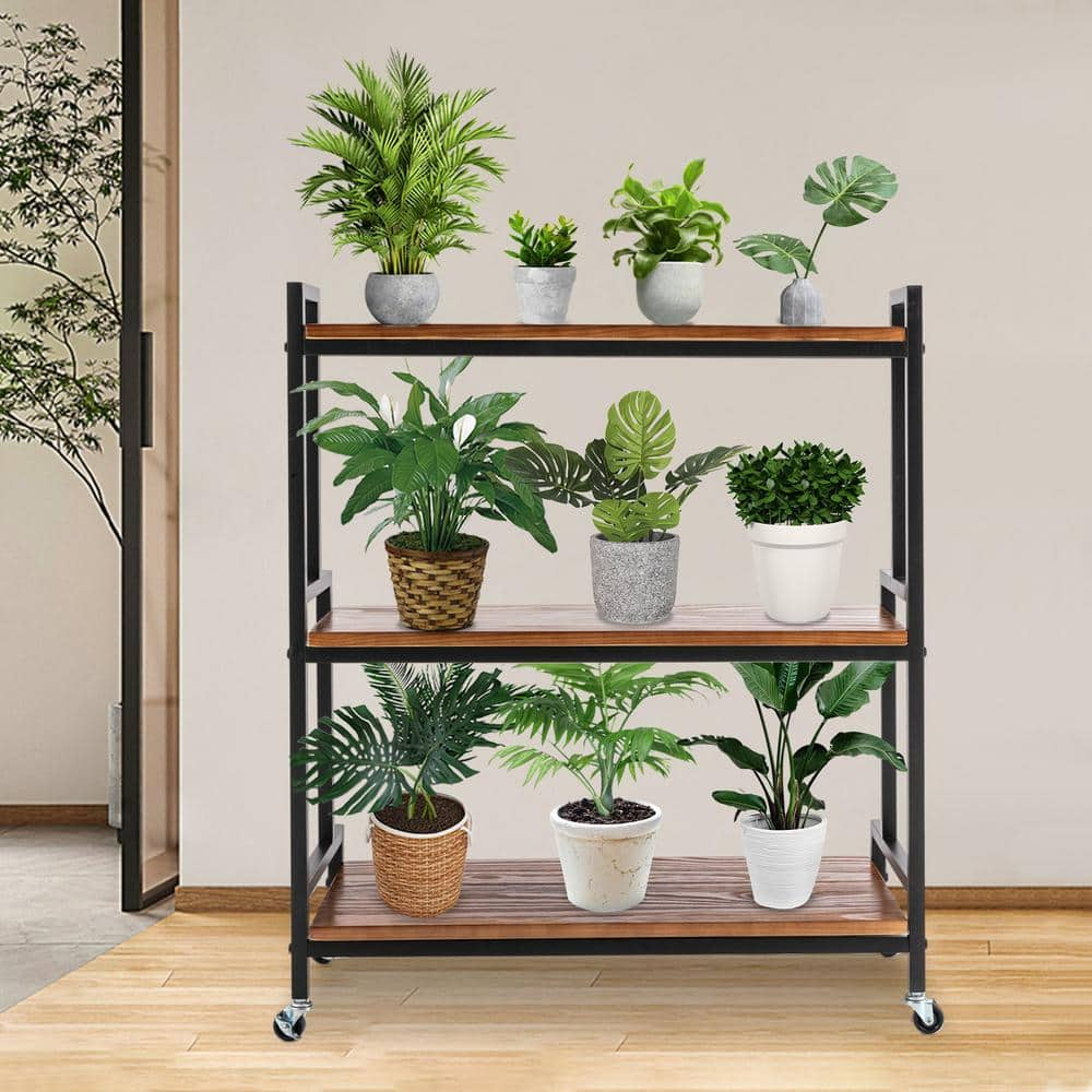 YIYIBYUS 37 in. x 31.1 in. x 13.8 in. Brown Metal Plant Stand with Wheels Indoor Outdoor Ladder Plant Flower Shelf Rack YLJHFWX8WDZJ8