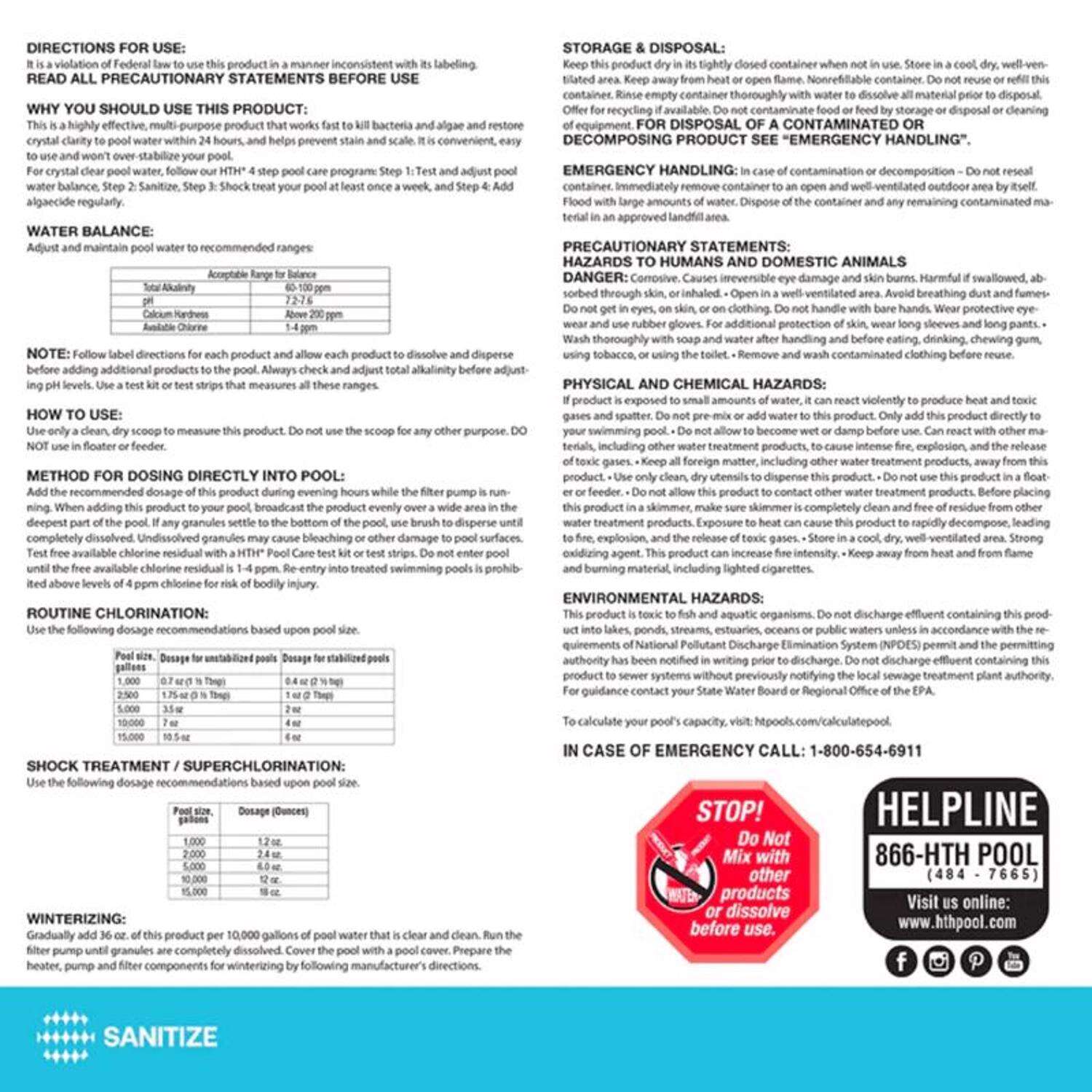 HTH Pool Care Granule Chlorinating Chemicals 18 lb