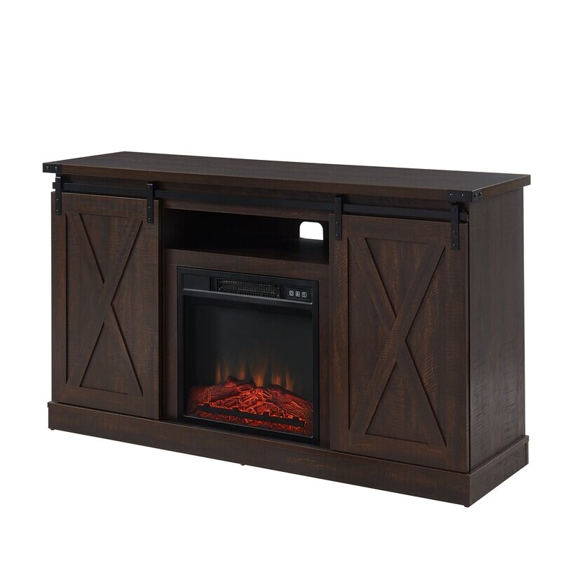 Fireplace TV Stand   Sliding Barn Door Farmhose Entertainment Center with 18'' Electric Fireplace Storage Cabinet