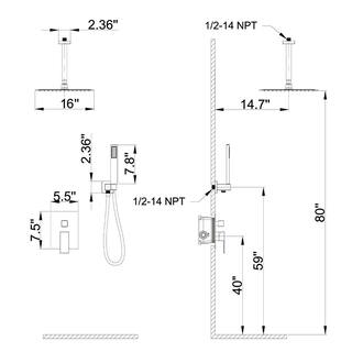 INSTER AIM 1-Spray 16 in. Square Ceiling Mount Rainfall Shower Head and Fashion Hand Shower in Brushed Nickel (Valve Included) HDGS0001XB16N