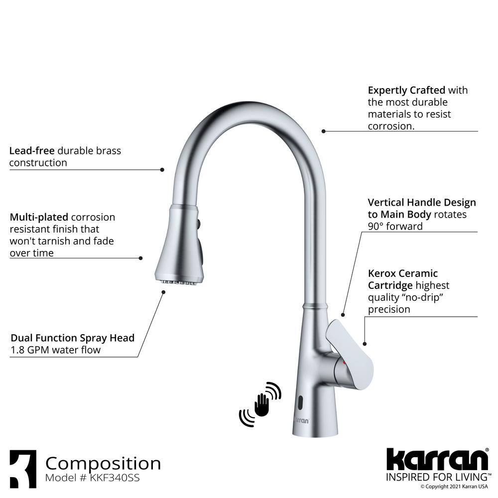 Karran Kadoma Single Handle Touchless Pull-Down Sprayer Kitchen Faucet in Stainless Steel KKF340SS