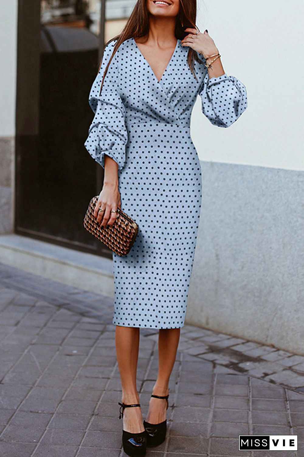 Fashion Elegant Polka Dot Split Joint Fold V Neck Waist Skirt Dresses