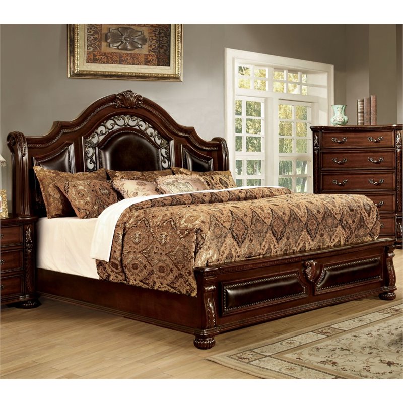 Furniture of America Eleo Traditional Faux Leather Panel Bed, King, Brown Cherry