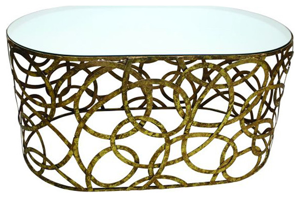 Mirror Top Iron Scroll Coffee Cocktail Table Oval Gold Modern   Contemporary   Coffee Tables   by My Swanky Home  Houzz