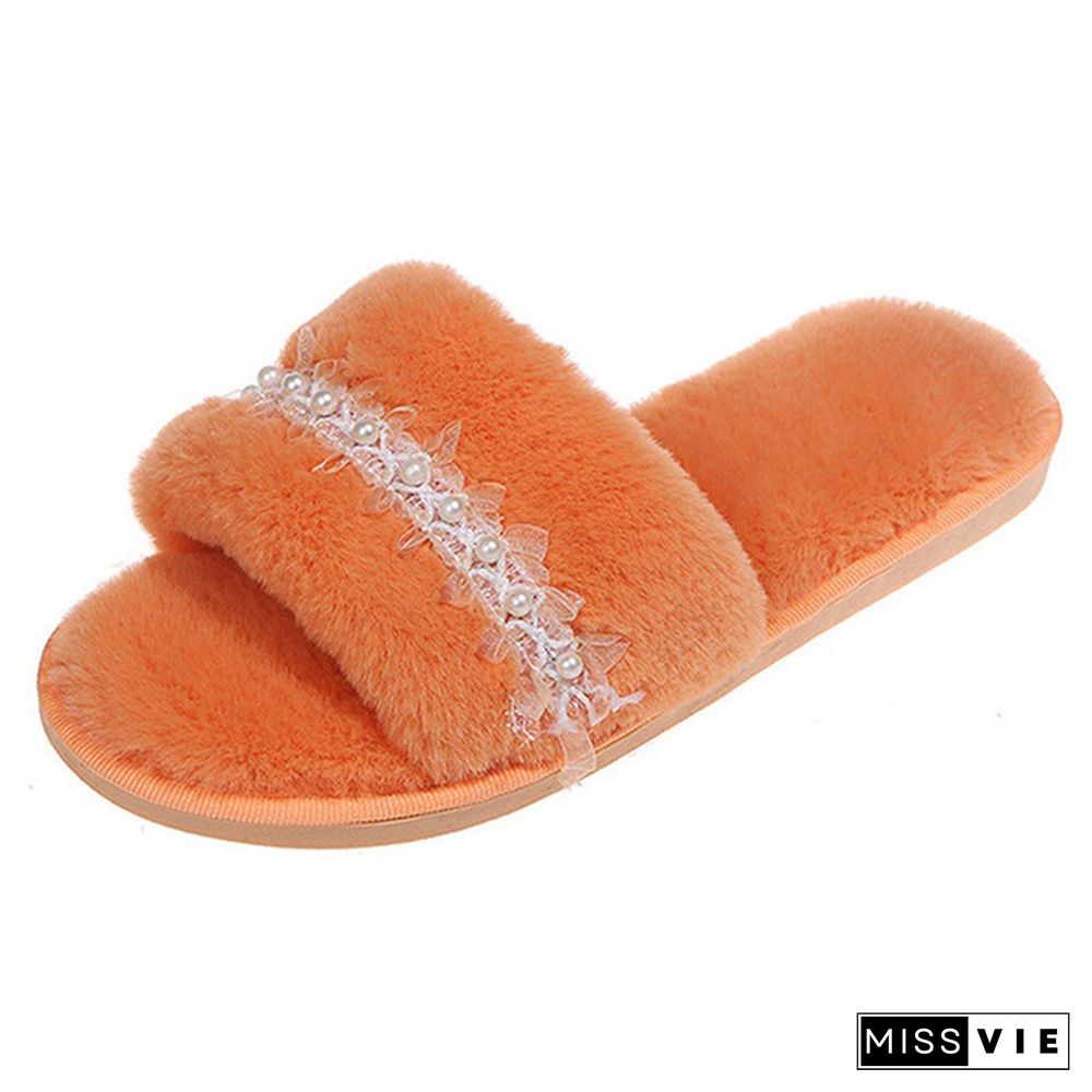 Autumn And Winter Home Furry Pearl Chain Slippers Fashion Flat Women's Cotton Slippers Open-Toe