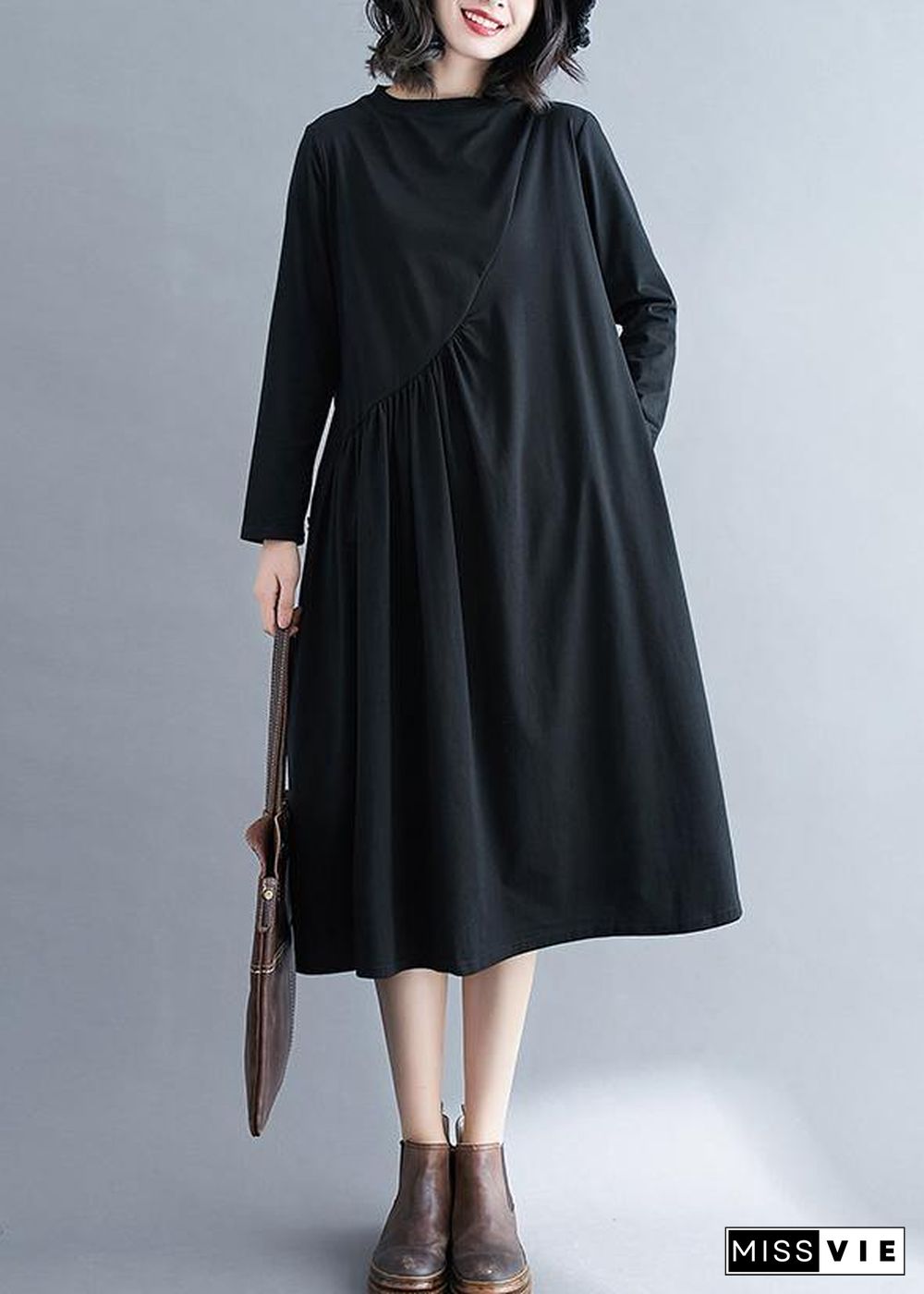 Elegant O Neck Wrinkled Spring Tunics Outfits Black Maxi Dress