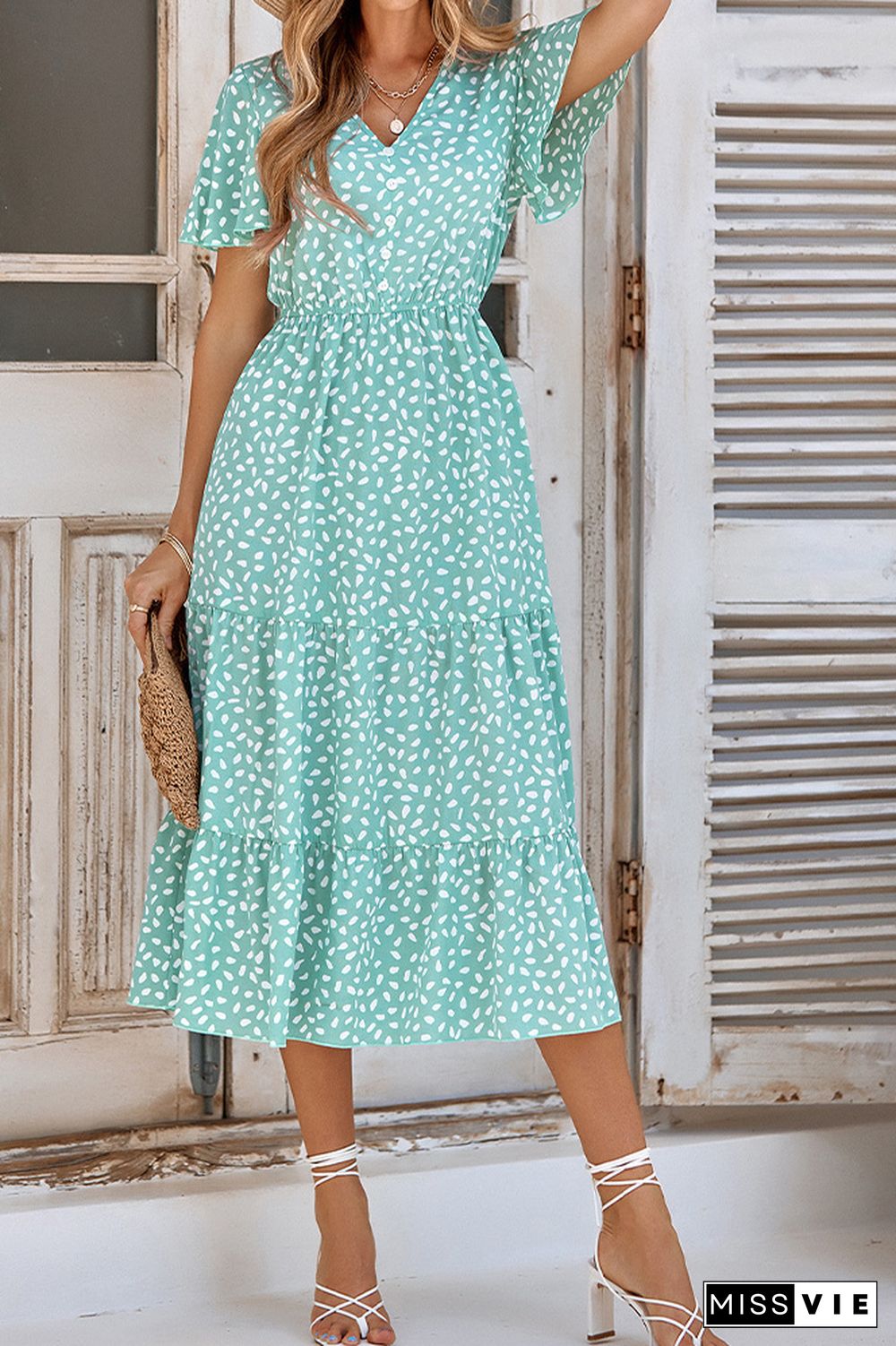 V Neck Printed High Waist Tiered Maxi Dress